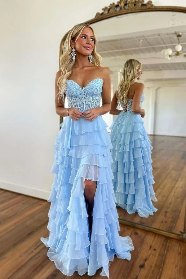 Romantic Strapless Lace Ruffle Sky Blue Maxi Party Dress