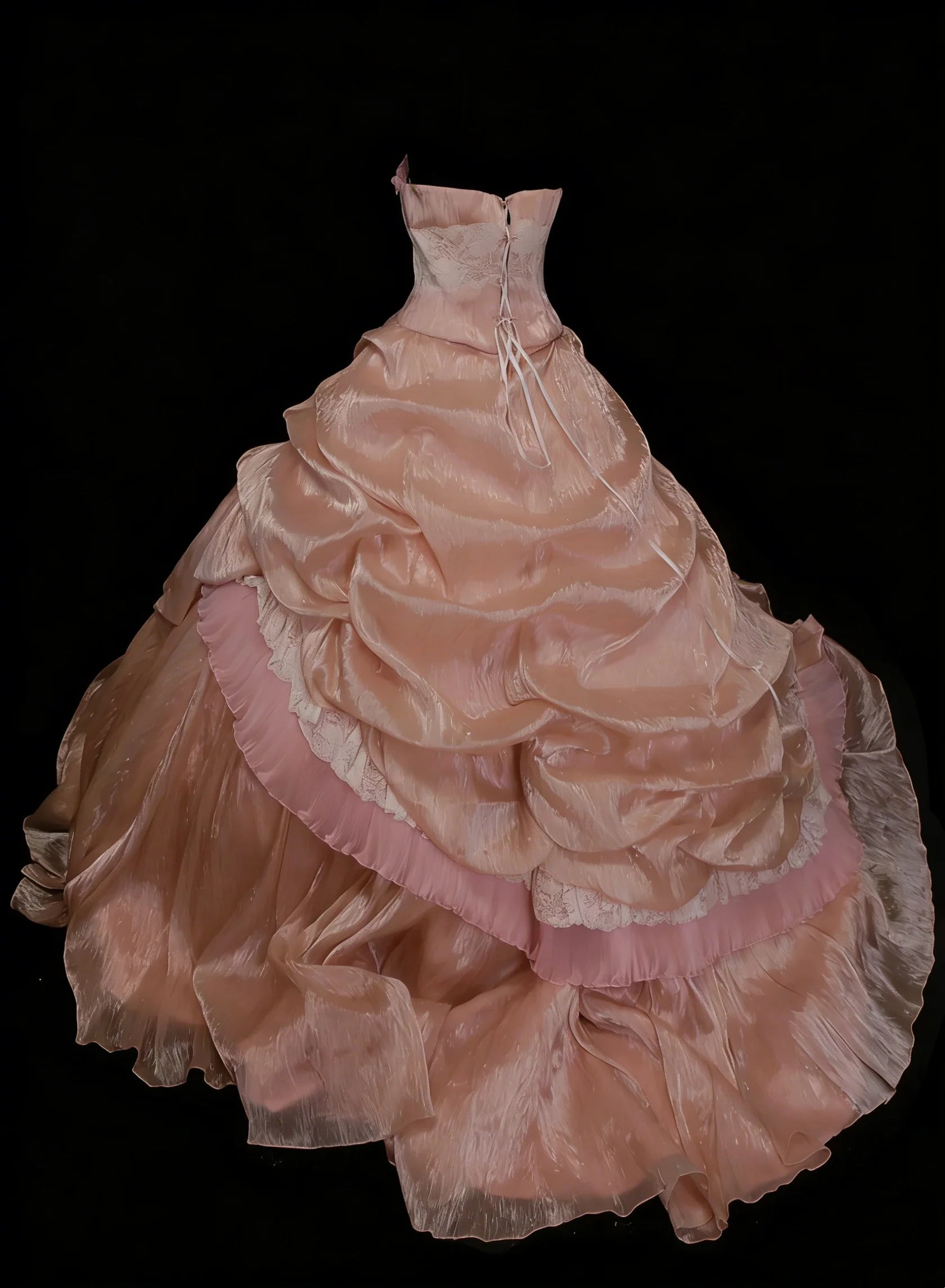 Romantic Strapless Lace Ruffled Blush Maxi Prom Dress