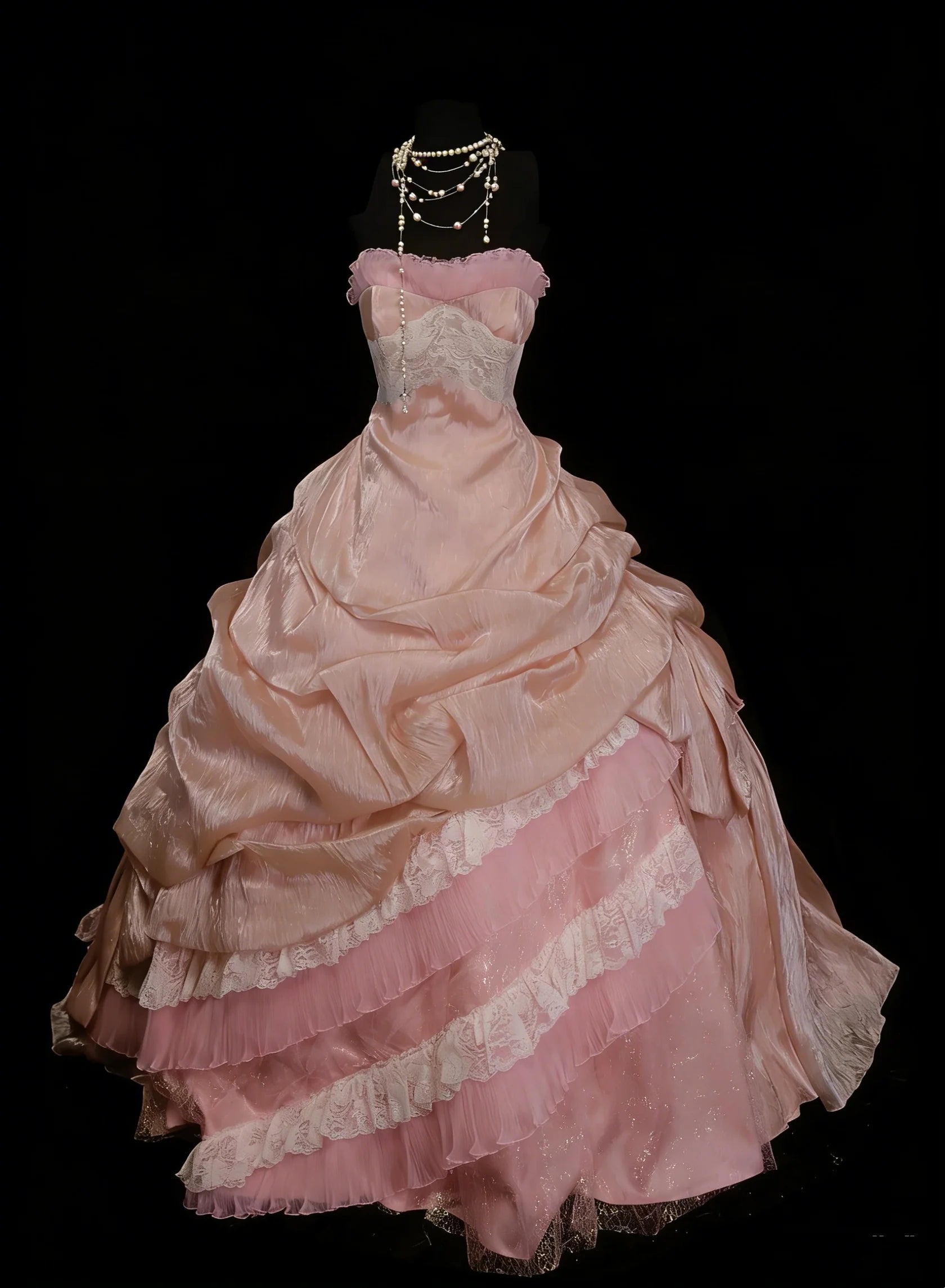 Romantic Strapless Lace Ruffled Blush Maxi Prom Dress