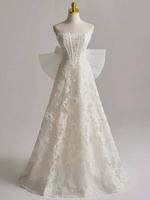 Romantic Strapless Lace Wedding Dress with Bow Back Detail Floral Embroidery Corset Bodice and Ball Gown Silhouette for Fairytale Brides
