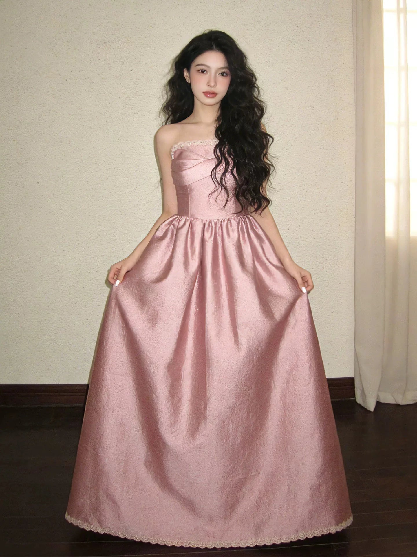 Romantic Strapless Sleeveless Blush Pink Maxi Prom Dress
