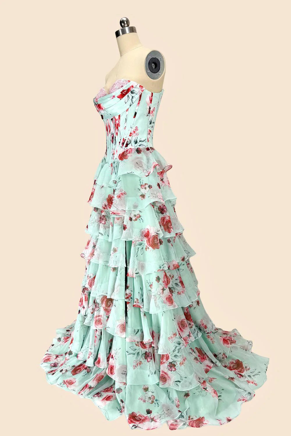 Romantic Strapless Sleeveless Floral Mint Floor-Length Evening Dress