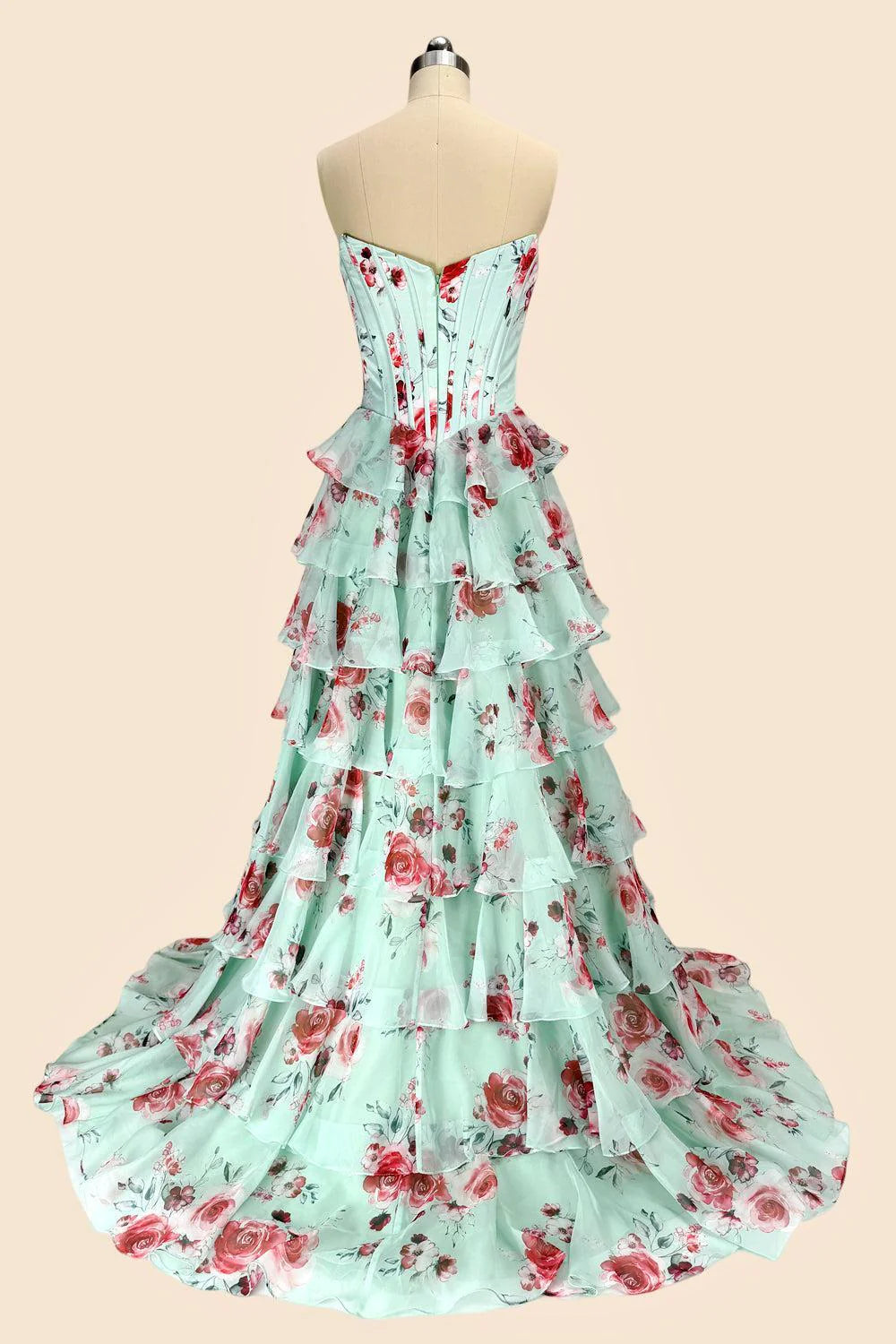 Romantic Strapless Sleeveless Floral Mint Floor-Length Evening Dress