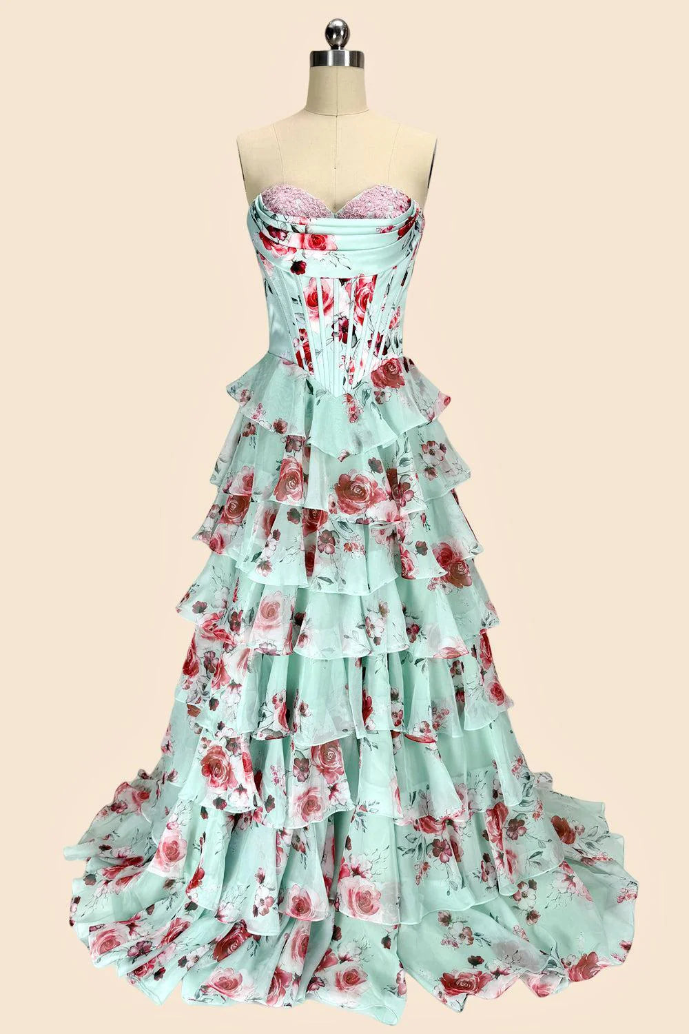 Romantic Strapless Sleeveless Floral Mint Floor-Length Evening Dress