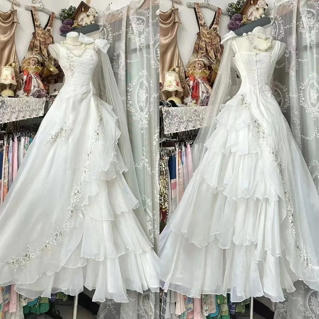 Romantic Sweetheart Short Sleeve Ruffled White Maxi Prom Dress