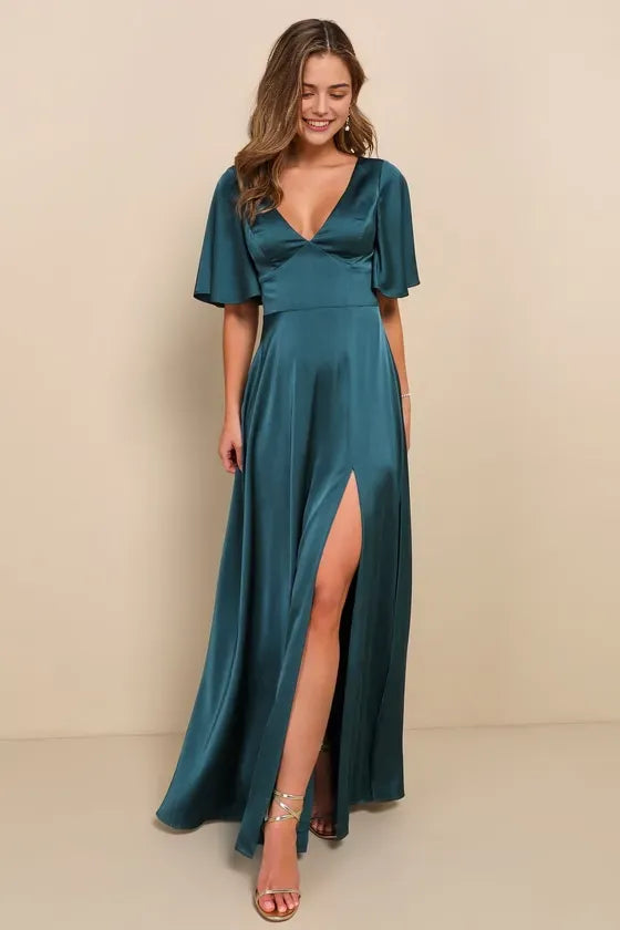Romantic Teal Satin Evening Dress with Deep V - Neck Flutter Sleeves Flowy Slit Skirt Ideal for Dreamy Night - Time