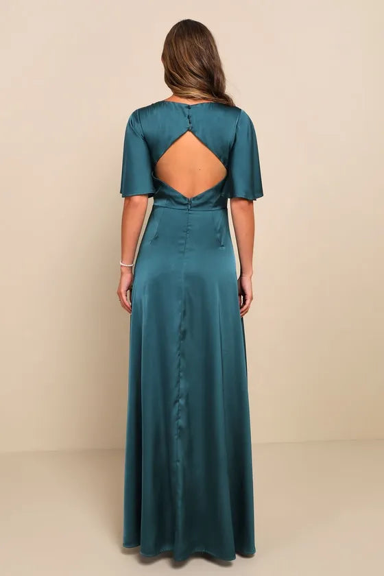 Romantic Teal Satin Evening Dress with Deep V - Neck Flutter Sleeves Flowy Slit Skirt Ideal for Dreamy Night - Time