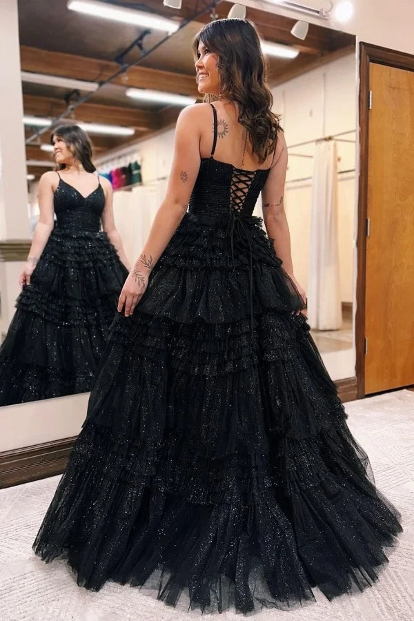 Romantic V-Neck Sleeveless Ruffled Black Maxi Evening Dress