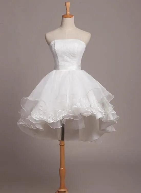 Romantic White Mini Dress with Strapless Neckline Tulle Skirt Asymmetric Ruffles and Lace Detailing  Ideal for Homecoming Style Statements