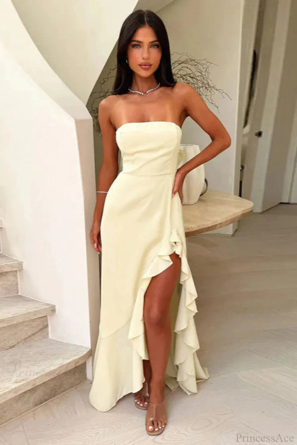 Romantic Yellow A-Line Off-The-Shoulder Sleeveless Lace Up Ruffled Slit Floor-Length Prom Dresses Hot sale