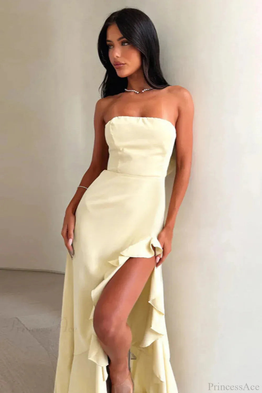 Romantic Yellow A-Line Off-The-Shoulder Sleeveless Lace Up Ruffled Slit Floor-Length Prom Dresses Hot sale