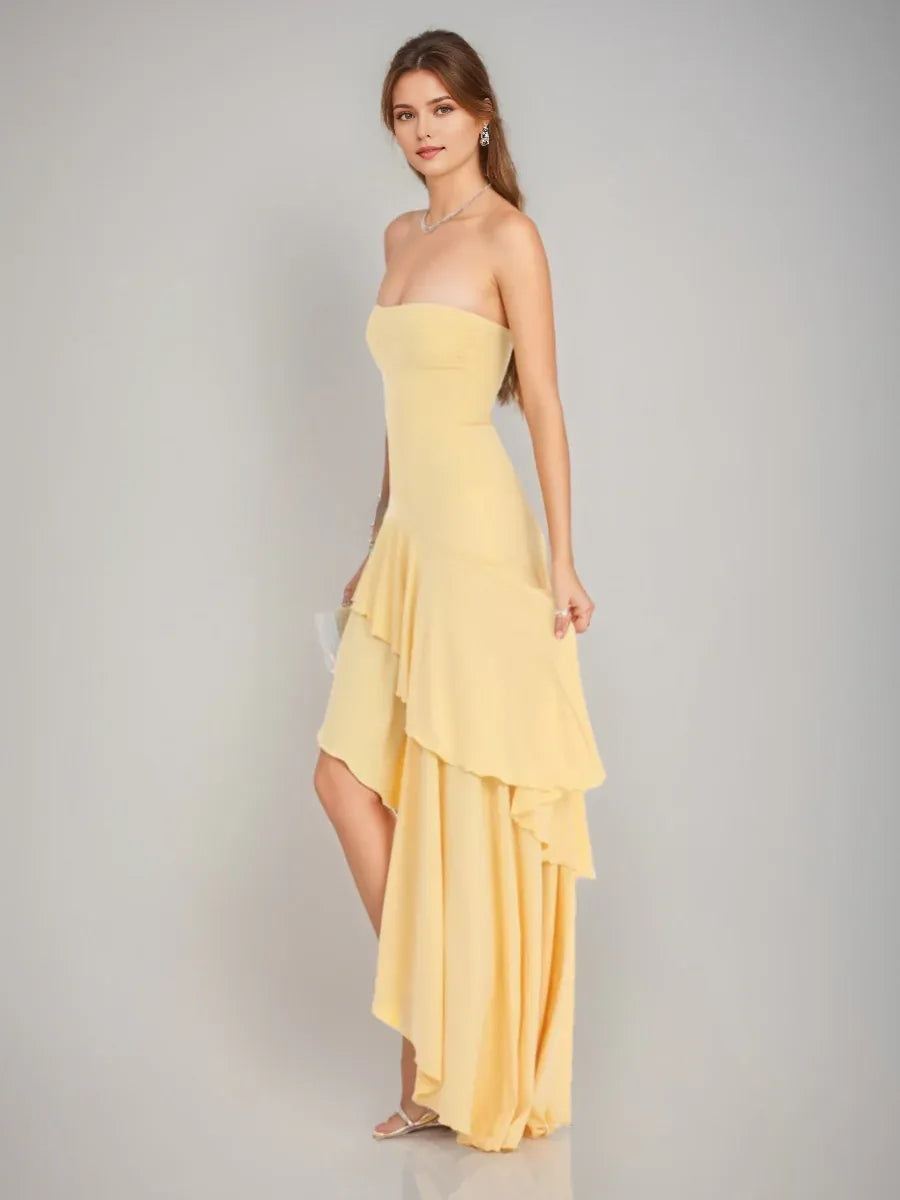 Romantic Yellow A-Line Strapless Sleeveless Asymmetrical High -Low Ruffle Hem Prom Dresses Hot Sale