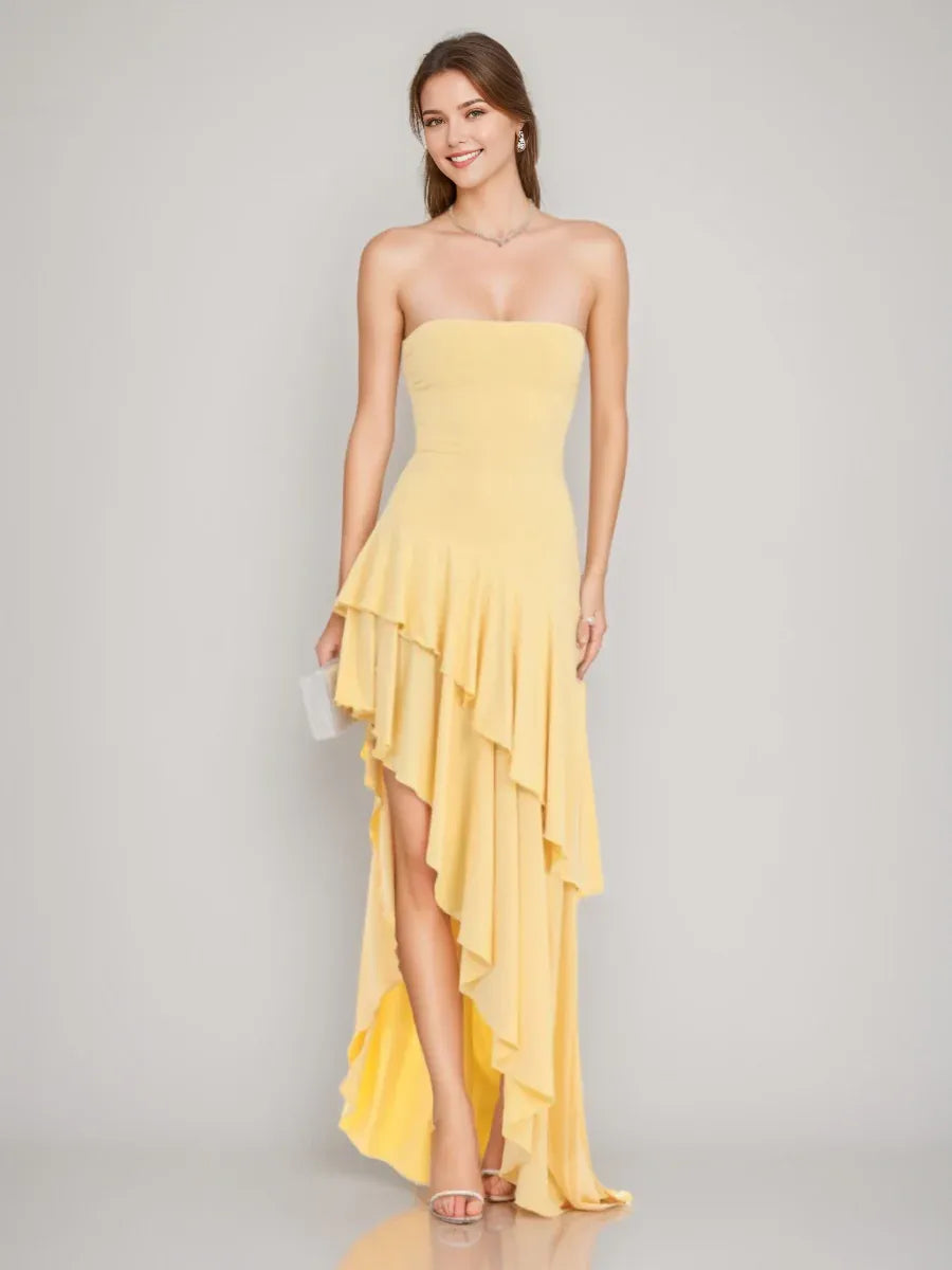 Romantic Yellow A-Line Strapless Sleeveless Asymmetrical High -Low Ruffle Hem Prom Dresses Hot Sale