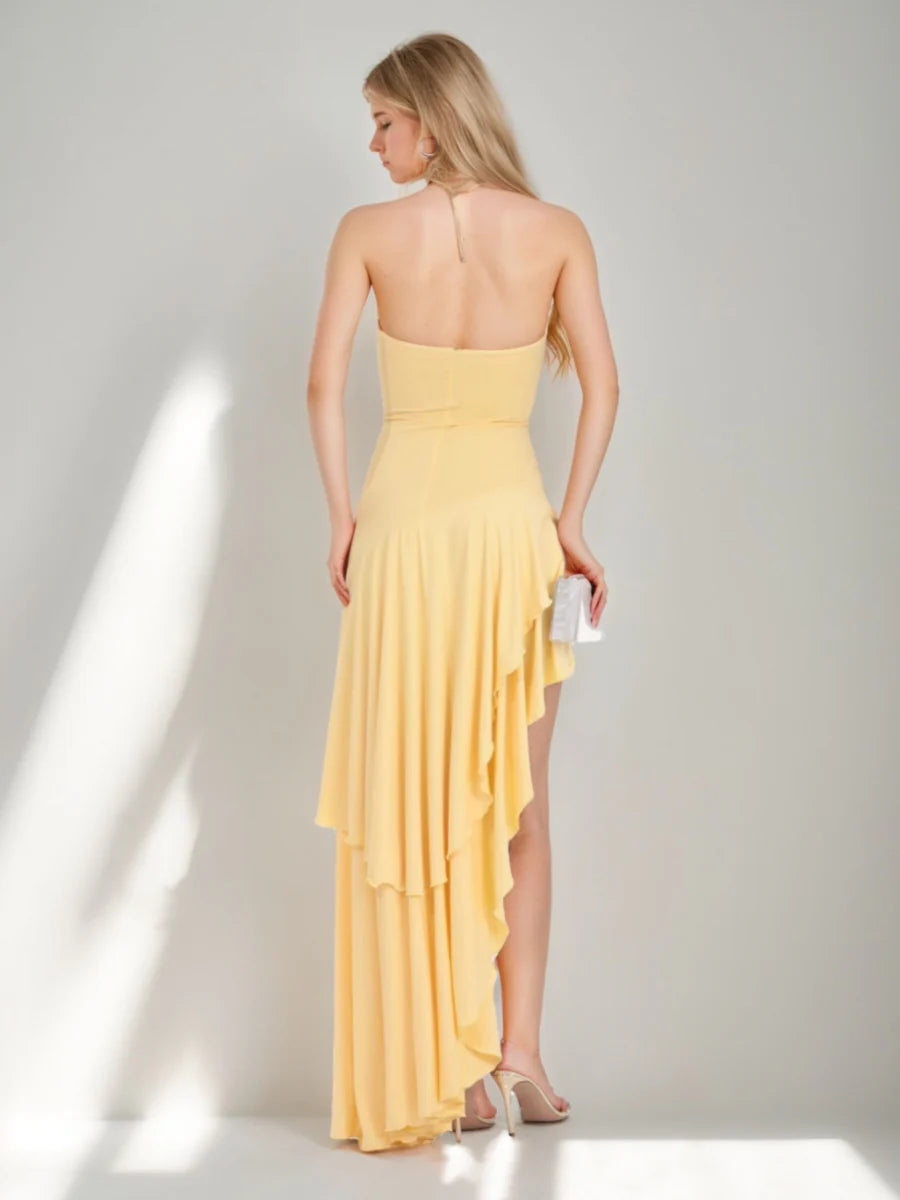 Romantic Yellow A-Line Strapless Sleeveless Asymmetrical High -Low Ruffle Hem Prom Dresses Hot Sale