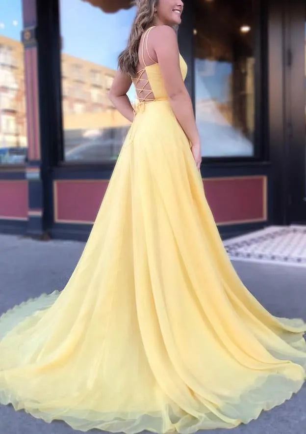 Romantic Yellow Chiffon Prom Dresses - Square Neck Flowy Skirt for Dreamy Occasions