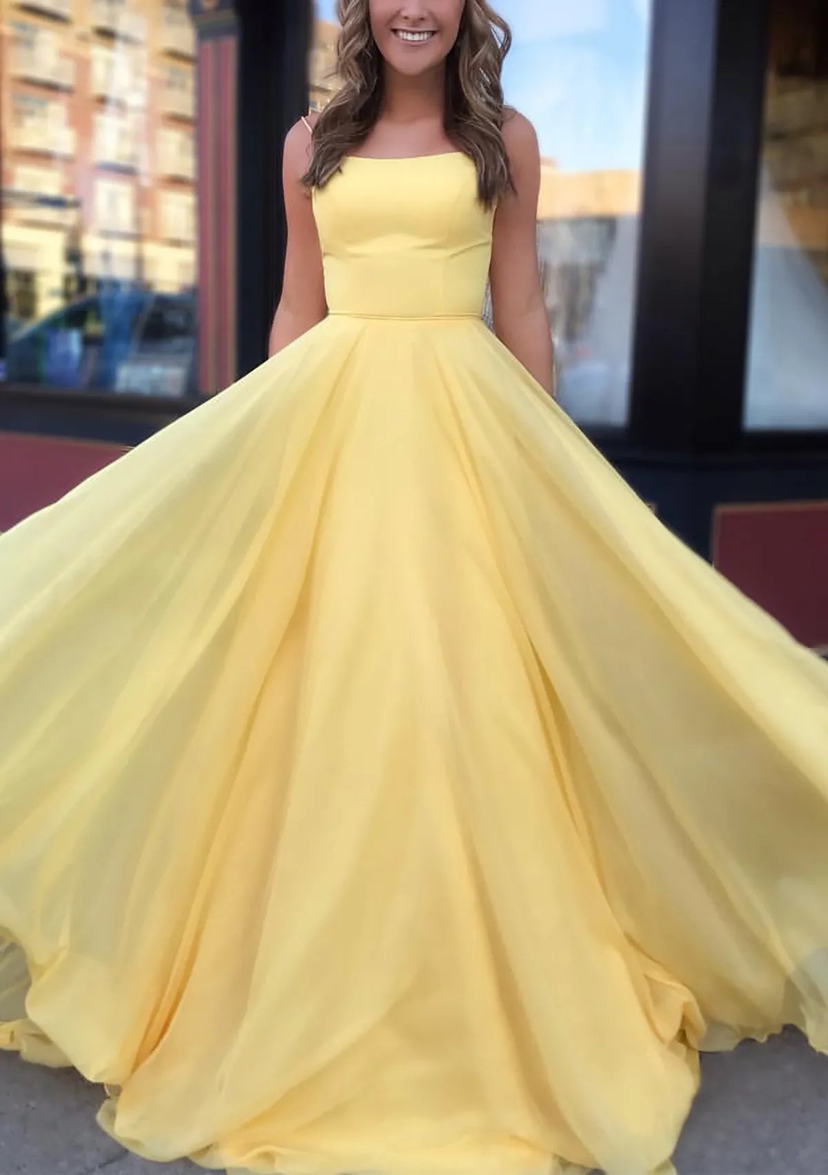 Romantic Yellow Chiffon Prom Dresses - Square Neck Flowy Skirt for Dreamy Occasions