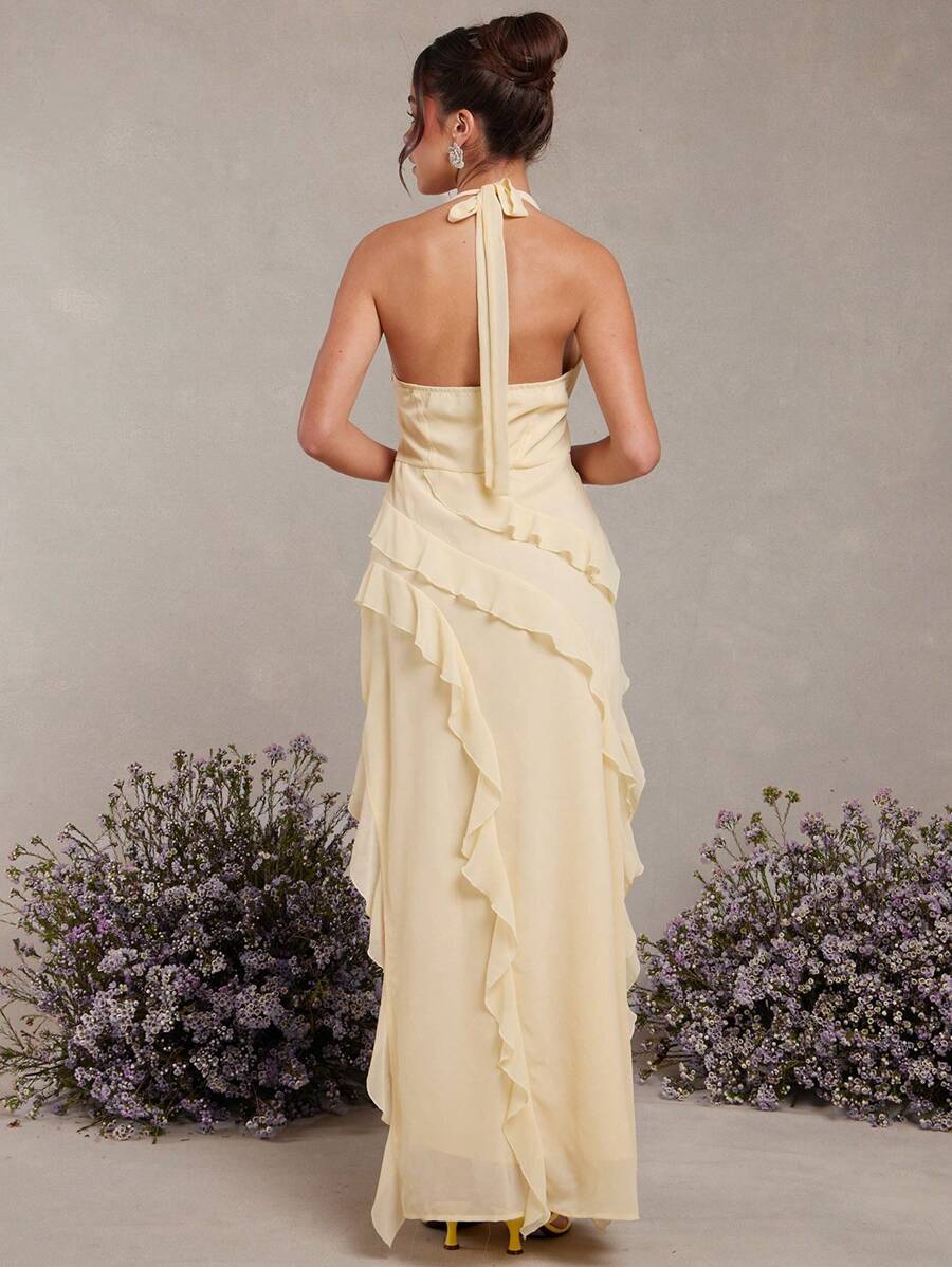 Romantic Yellow Sheath Halter Neck Sleeveless Tie -Back Floor-Length Ruffled Chiffon Prom Dress