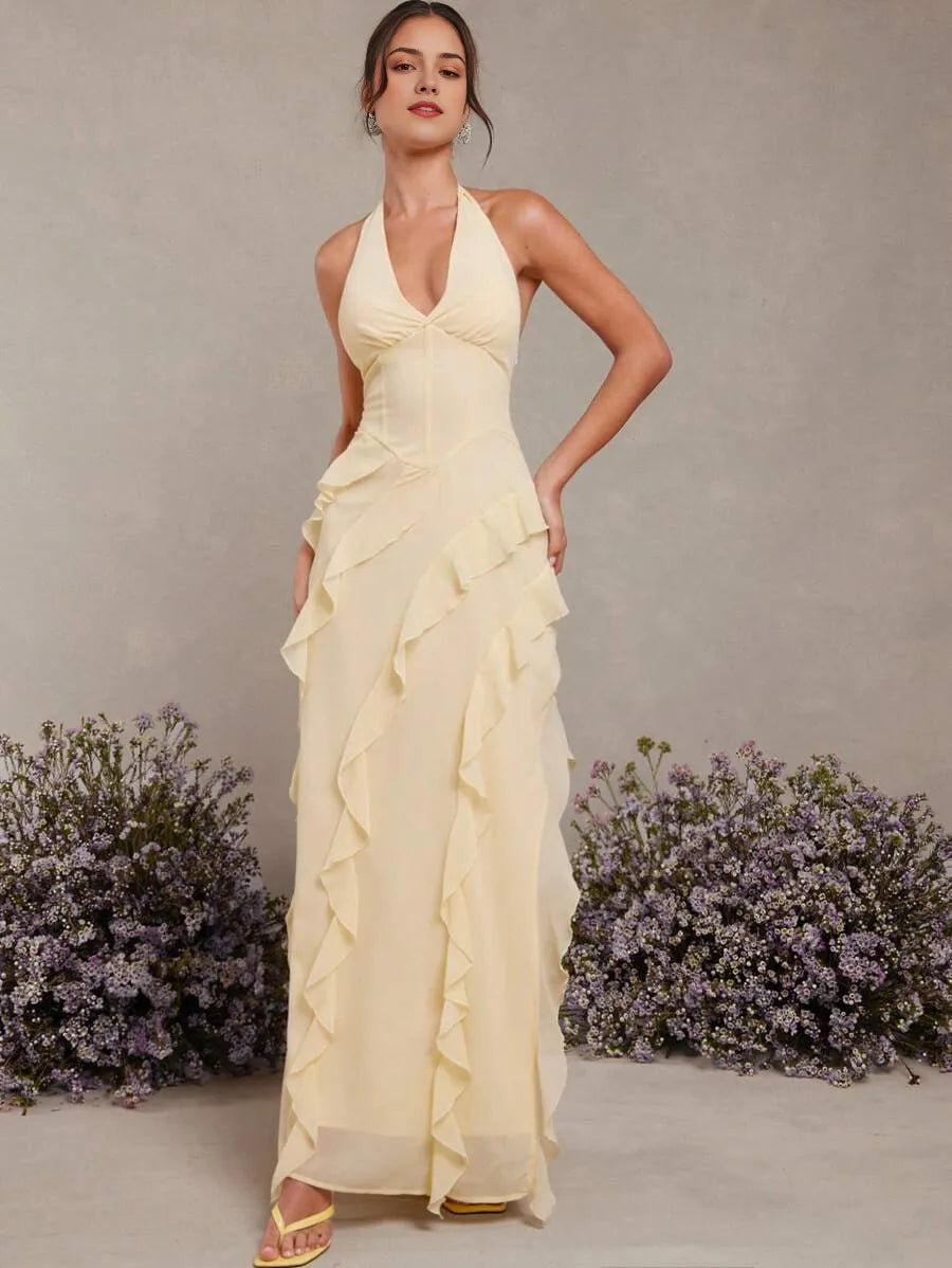 Romantic Yellow Sheath Halter Neck Sleeveless Tie -Back Floor-Length Ruffled Chiffon Prom Dress