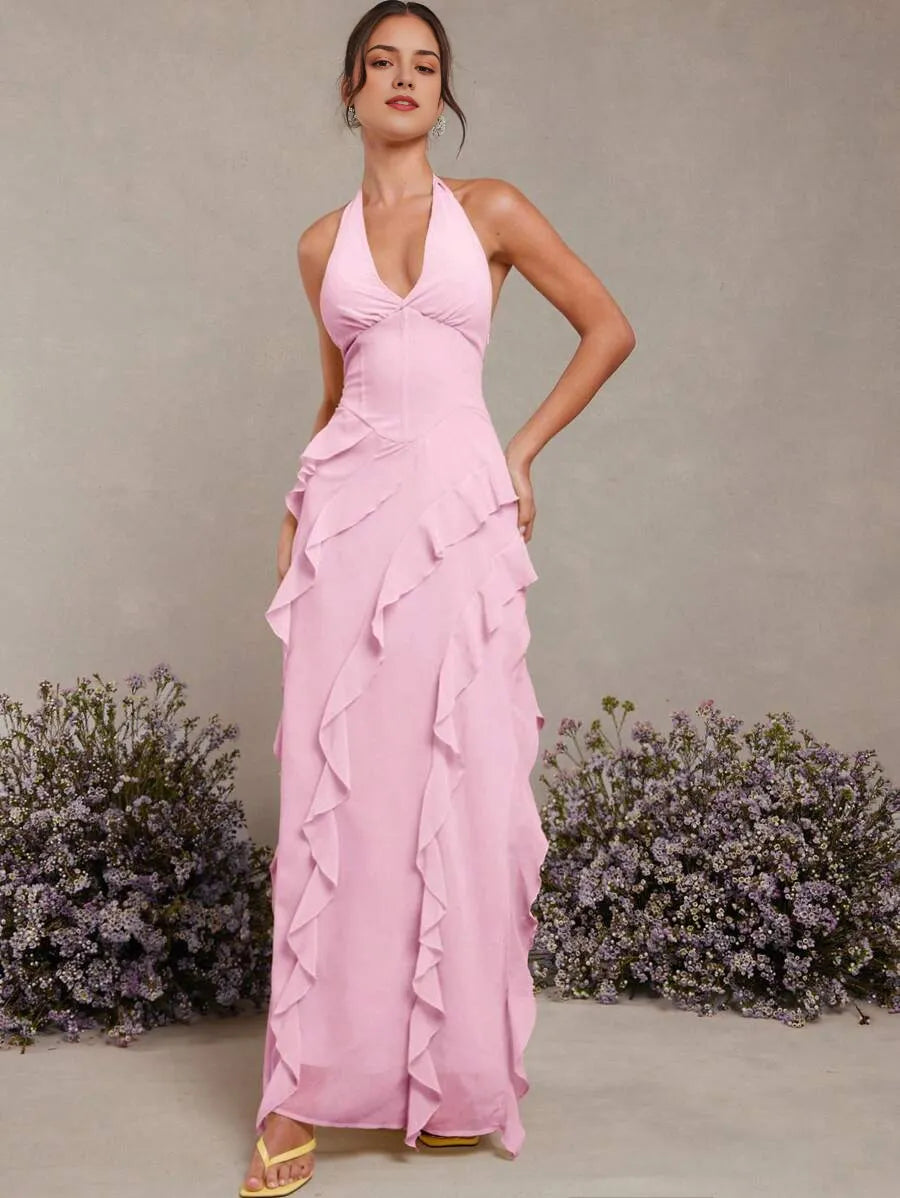 Romantic Yellow Sheath Halter Neck Sleeveless Tie -Back Floor-Length Ruffled Chiffon Prom Dress