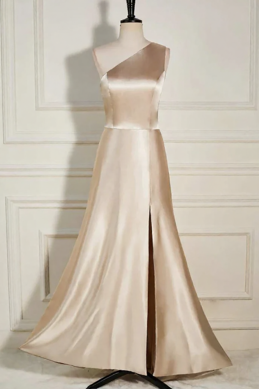 Romantic Champagne  A-Line One-Shoulder Sleeveless Floor-Length Slit Prom Dresses Hot sale