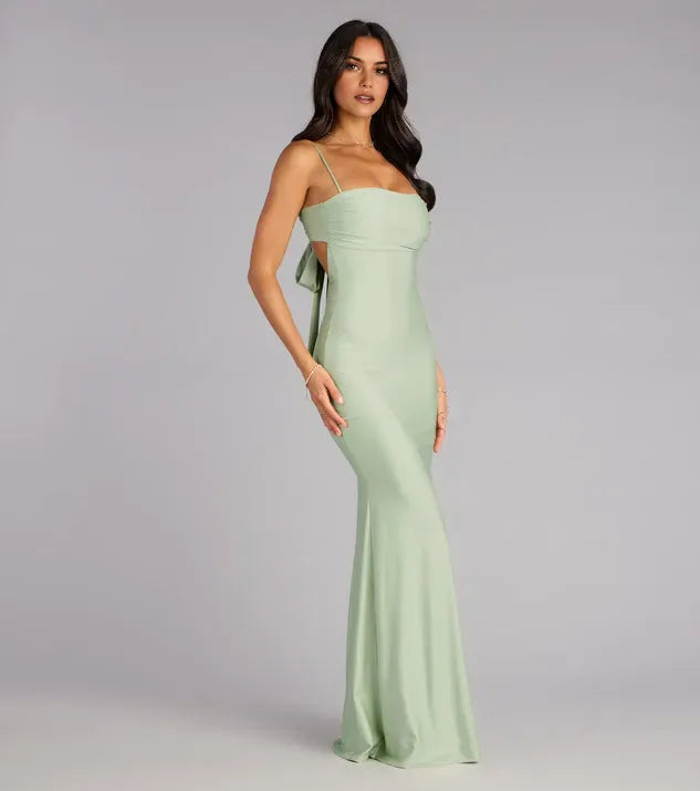 Romantic Mermaid Square Neckline Spaghetti-Straps Bow-Back Draped Floor-Length Prom Dresses