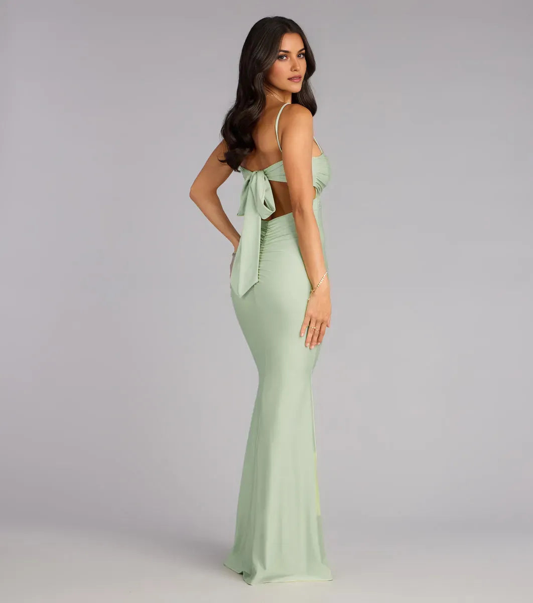 Romantic Mermaid Square Neckline Spaghetti-Straps Bow-Back Draped Floor-Length Prom Dresses