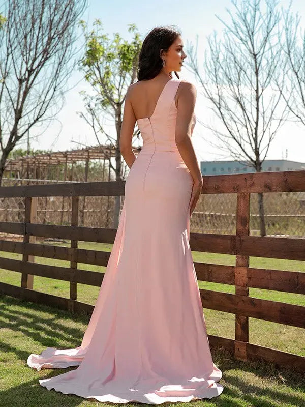 Romantic Sheath/Column One-Shoulder Sleeveless Back Zip Sweep/Brush Train Satin Prom Dresses with Train