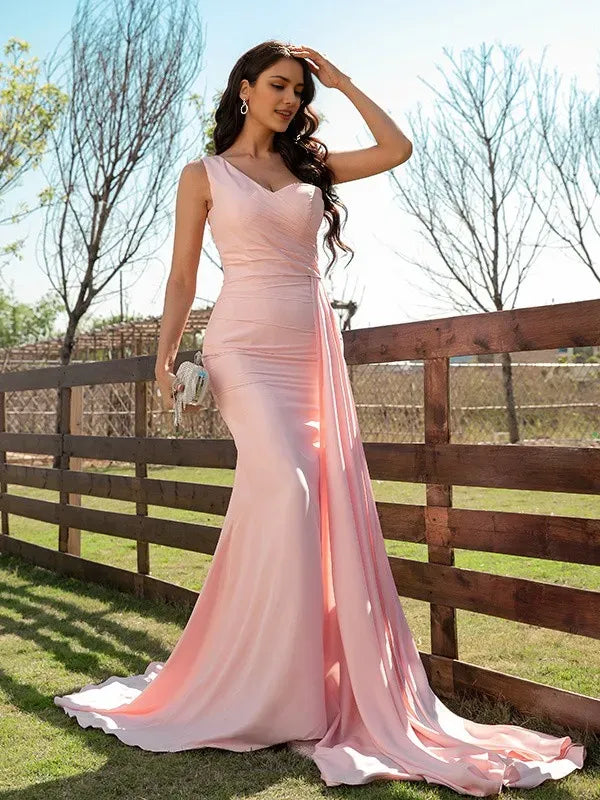 Romantic Sheath/Column One-Shoulder Sleeveless Back Zip Sweep/Brush Train Satin Prom Dresses with Train