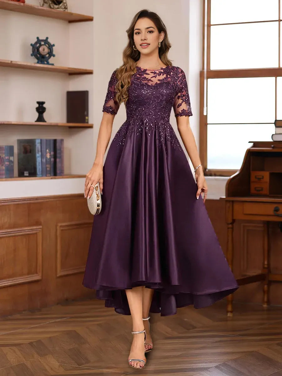 Round Neck Short Sleeves Asymmetrical Elegant Mother of the Bride Groom Dresses with Lace Appliques