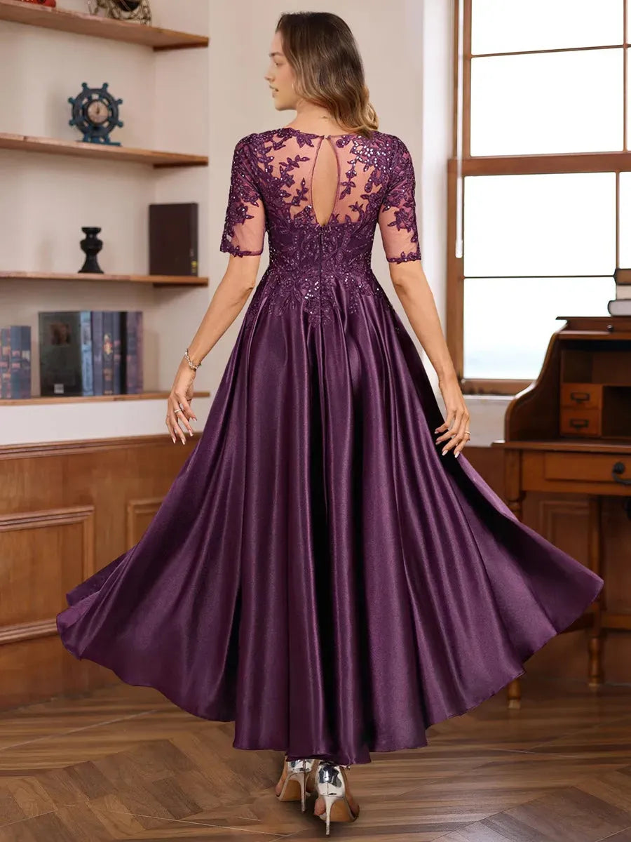 Round Neck Short Sleeves Asymmetrical Elegant Mother of the Bride Groom Dresses with Lace Appliques