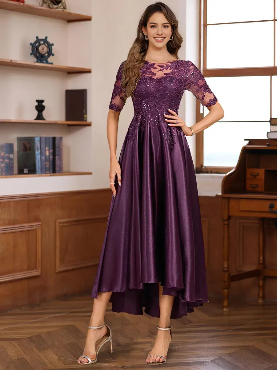 Round Neck Short Sleeves Asymmetrical Elegant Mother of the Bride Groom Dresses with Lace Appliques