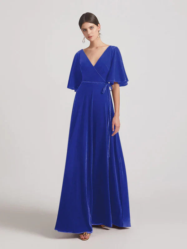 DingJiDress Elbow Length Flutter Sleeve Velvet Maxi Bridesmaid Dresses