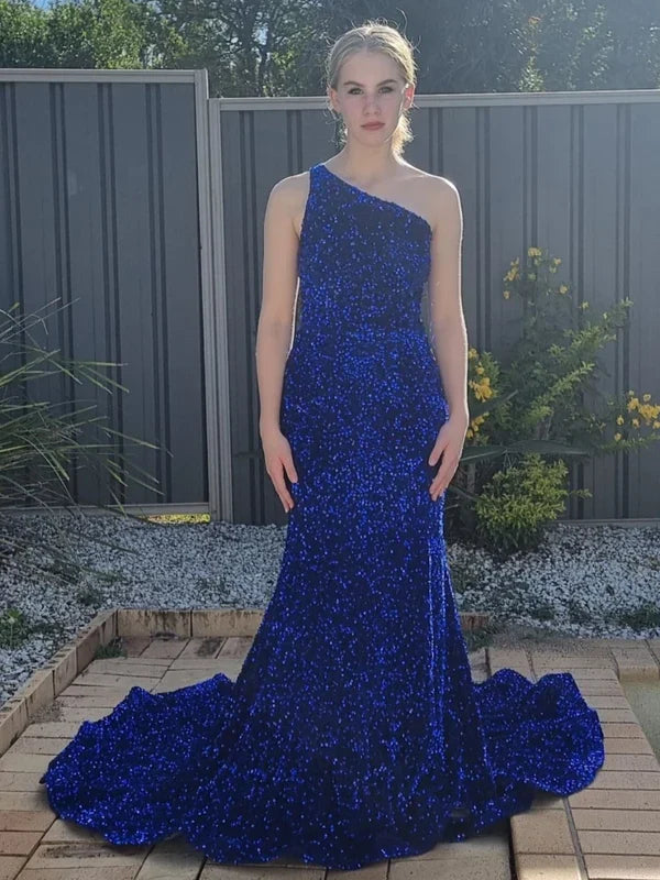 DingJiDress Mermaid Chapel Train One Shoulder Sequin Prom Dresses