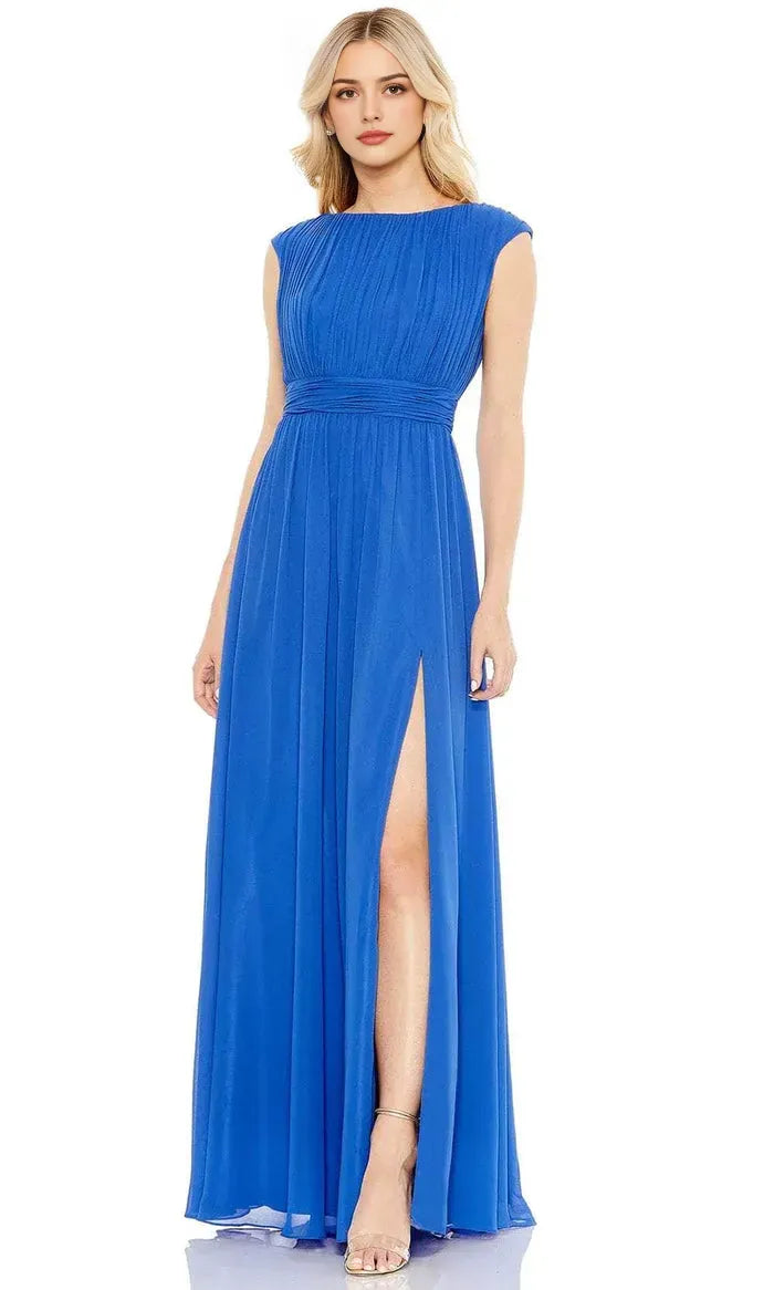 Royal Blue Chiffon Evening Dress with Cap Sleeves Pleated Bodice Elastic Waistband and High Side Slit for Elegant Occasions