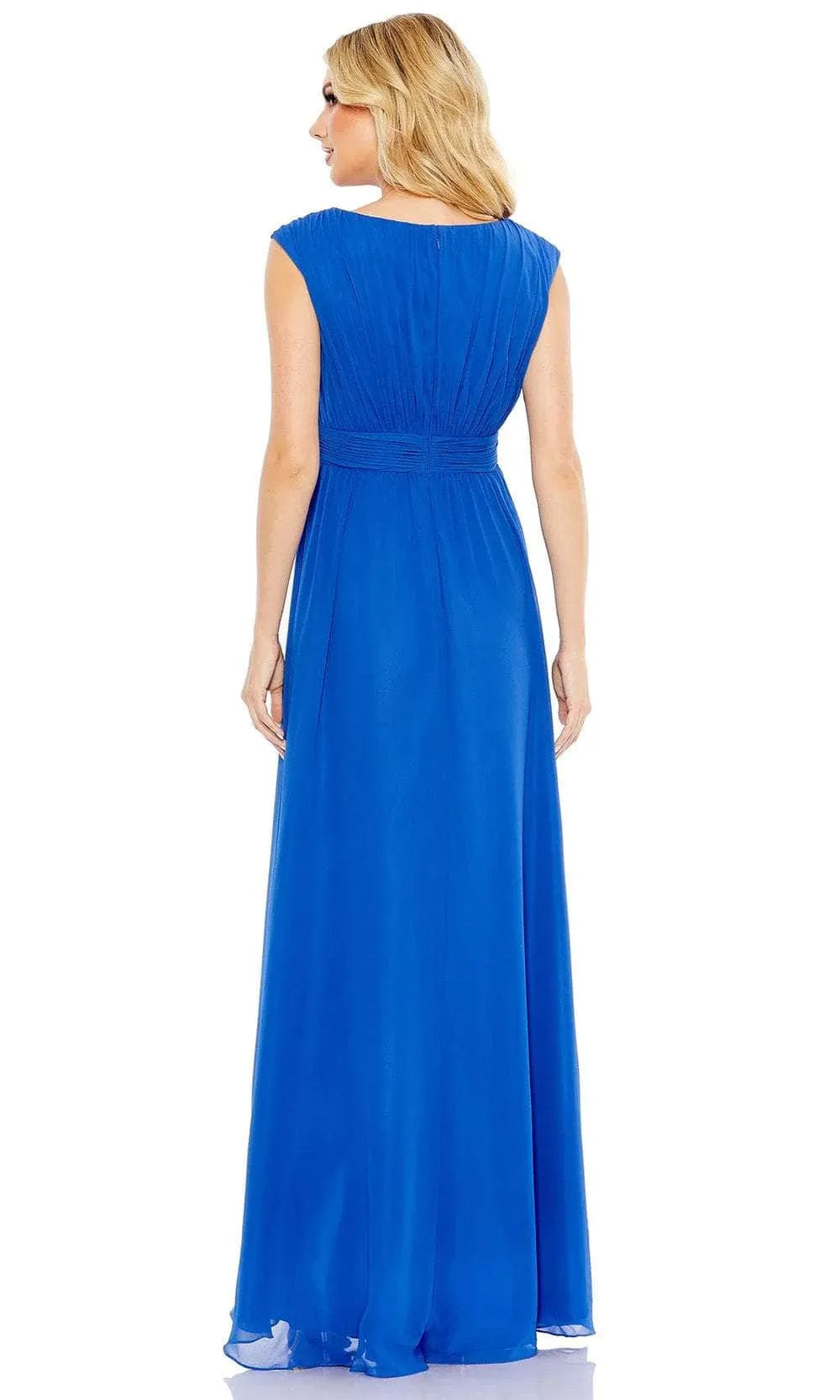 Royal Blue Chiffon Evening Dress with Cap Sleeves Pleated Bodice Elastic Waistband and High Side Slit for Elegant Occasions