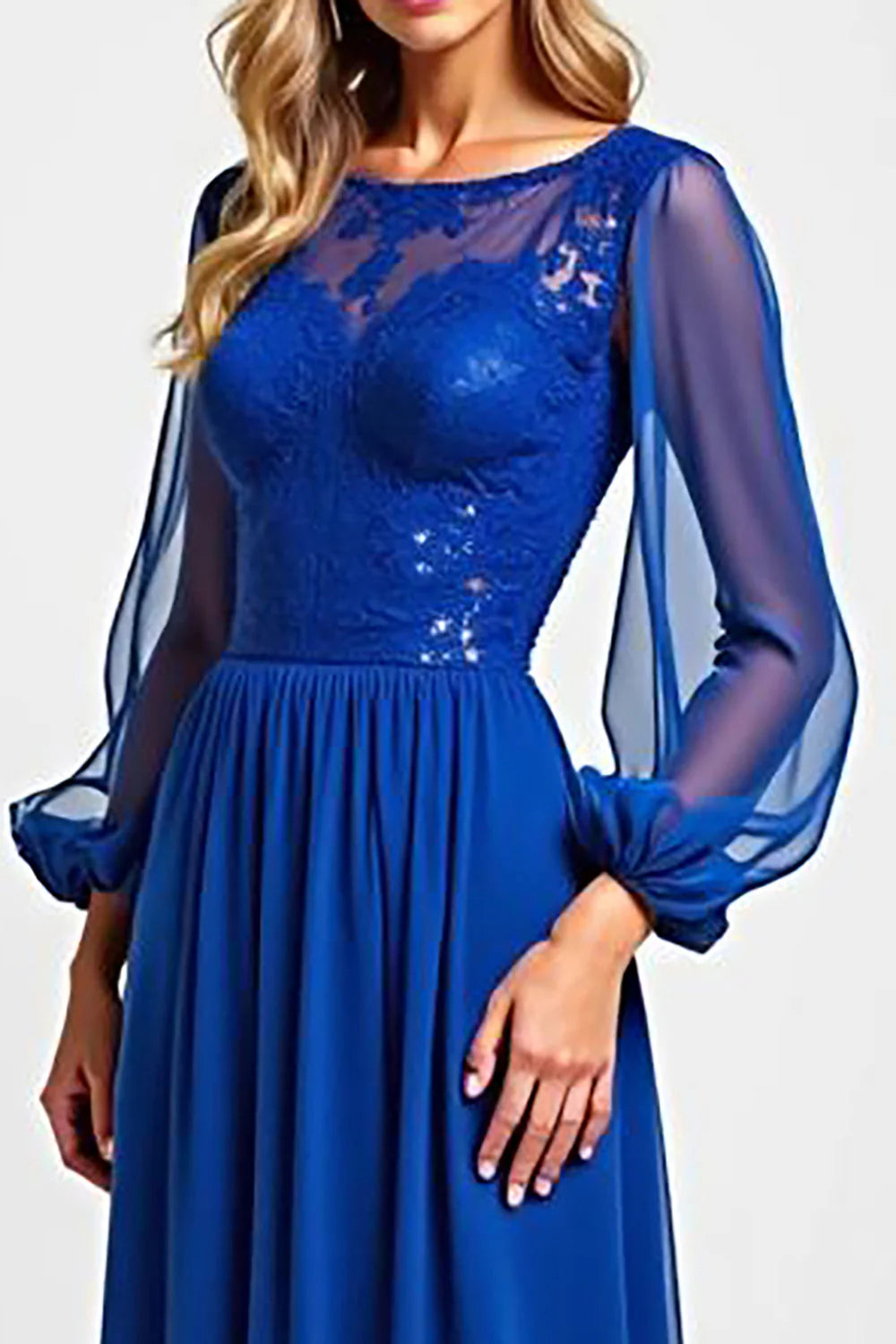 Royal Blue Chiffon Illusion Mother of the Bride Dress with Long Sleeves