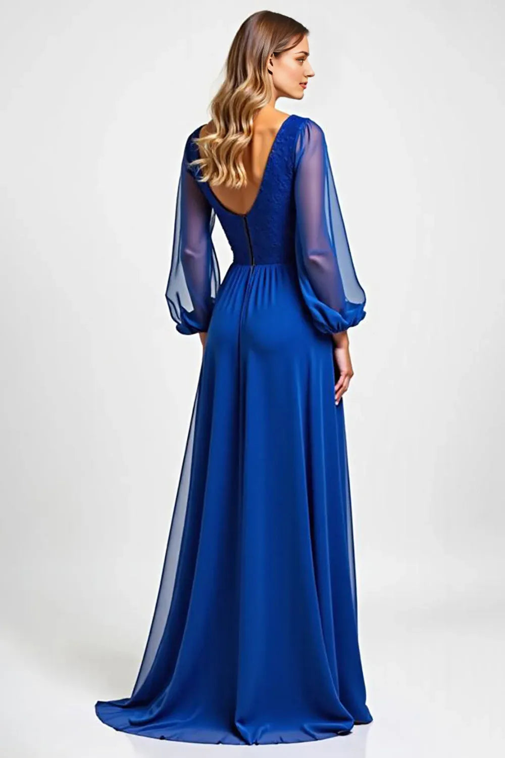 Royal Blue Chiffon Illusion Mother of the Bride Dress with Long Sleeves