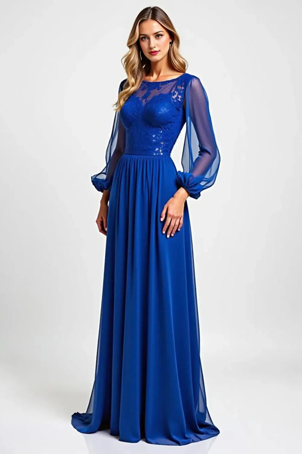 Royal Blue Chiffon Illusion Mother of the Bride Dress with Long Sleeves