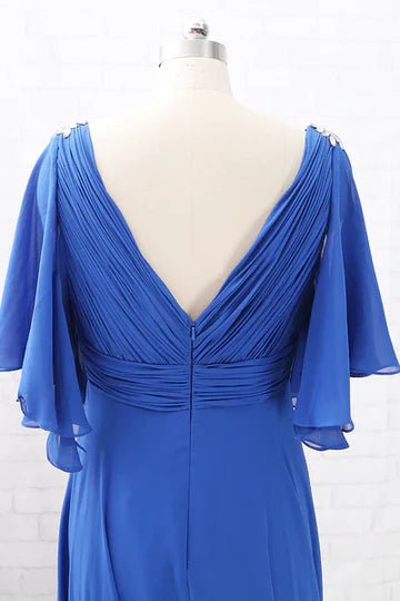 Royal Blue Chiffon V-Neck Ruffled Long Mother of the Bride Dress