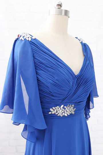 Royal Blue Chiffon V-Neck Ruffled Long Mother of the Bride Dress