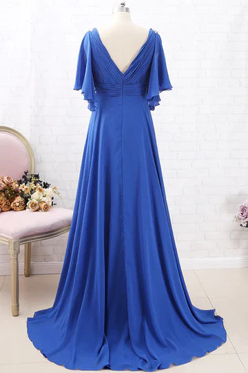 Royal Blue Chiffon V-Neck Ruffled Long Mother of the Bride Dress