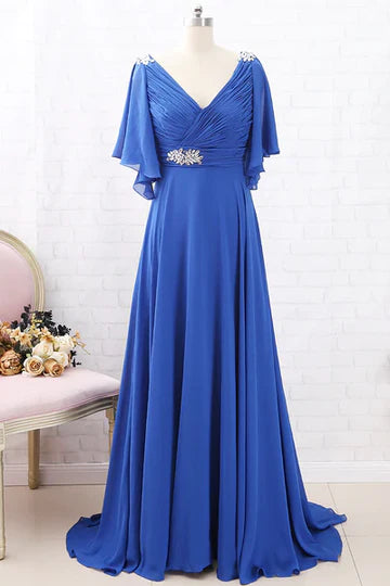 Royal Blue Chiffon V-Neck Ruffled Long Mother of the Bride Dress