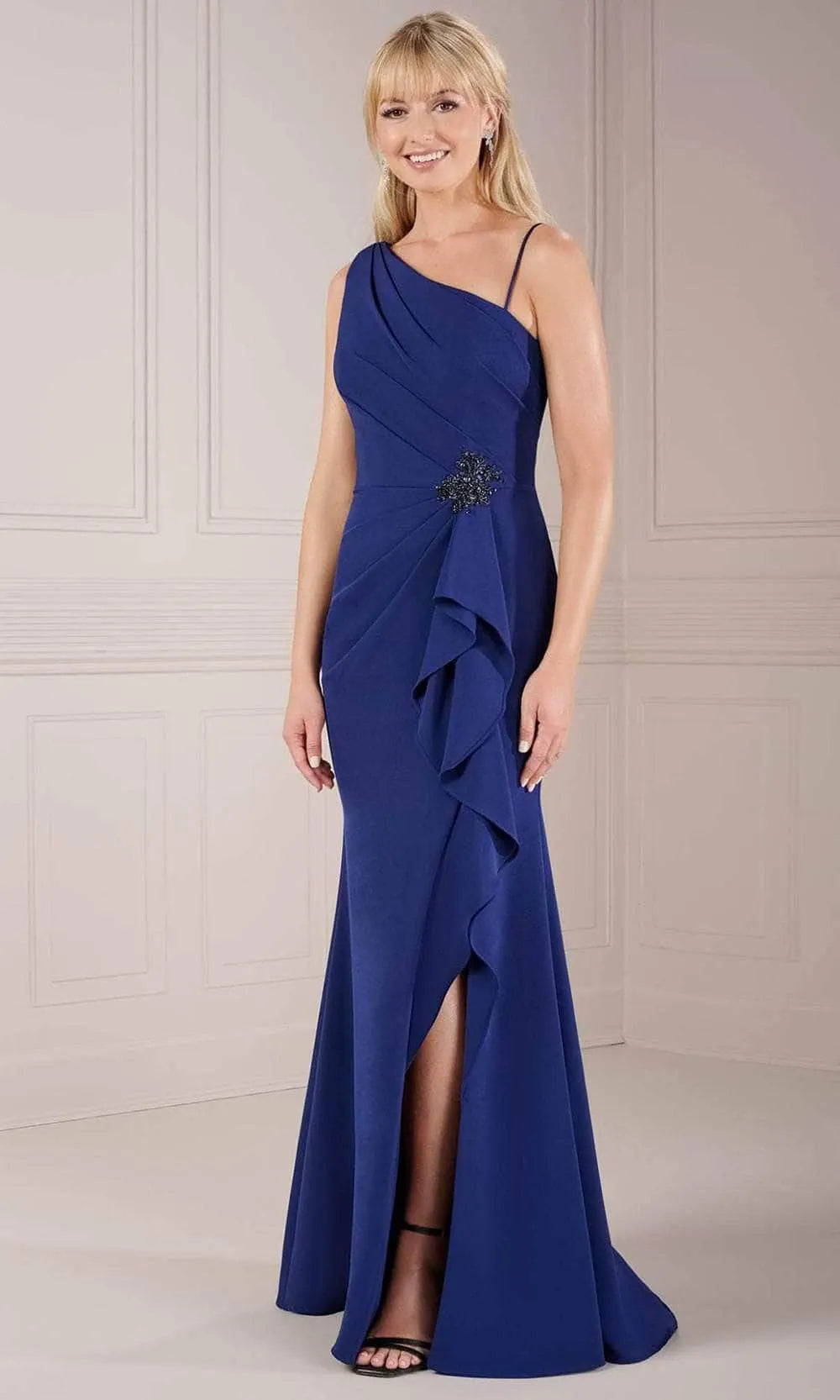 Royal Blue Crepe One Shoulder Evening Dresses with Asymmetric Ruffles Crystal Embellishment and High Side Slit
