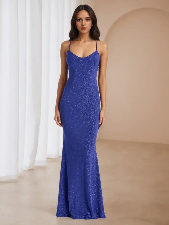 Royal Blue Glitter Prom Dress Plunge Neckline Spaghetti Straps  Mermaid Fit for Dazzling Gala Nights