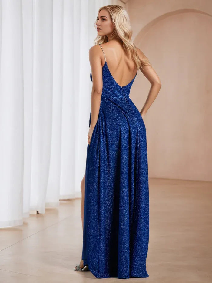 Royal Blue Glitter Prom Dress Rhinestone Strap High Slit Timeless Sparkle for Formal Galas