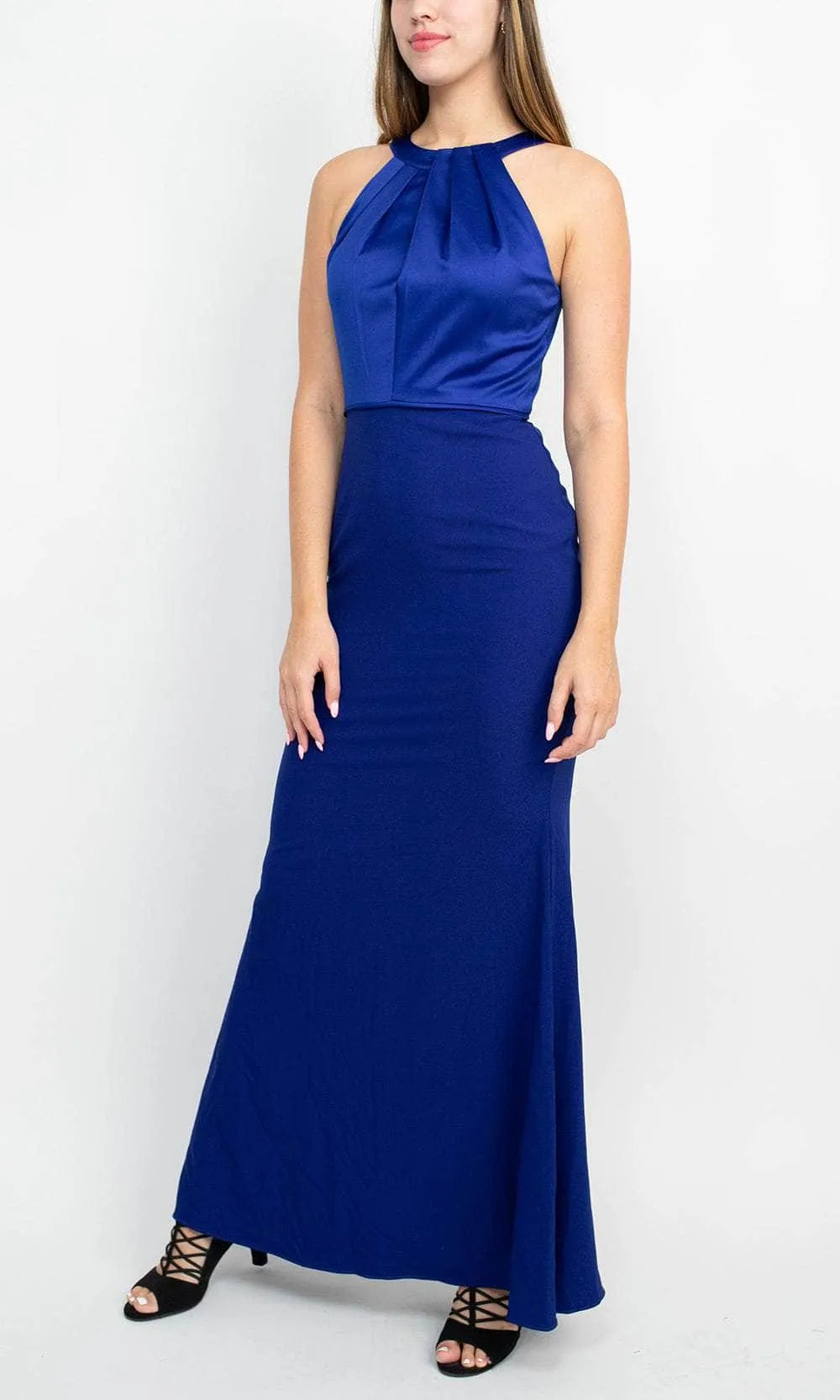 Royal Blue Halter Neck Evening Gown with Pleated Satin Bodice Contrast Textured Skirt and Floor - Length Mermaid Silhouette for Formal Occasions