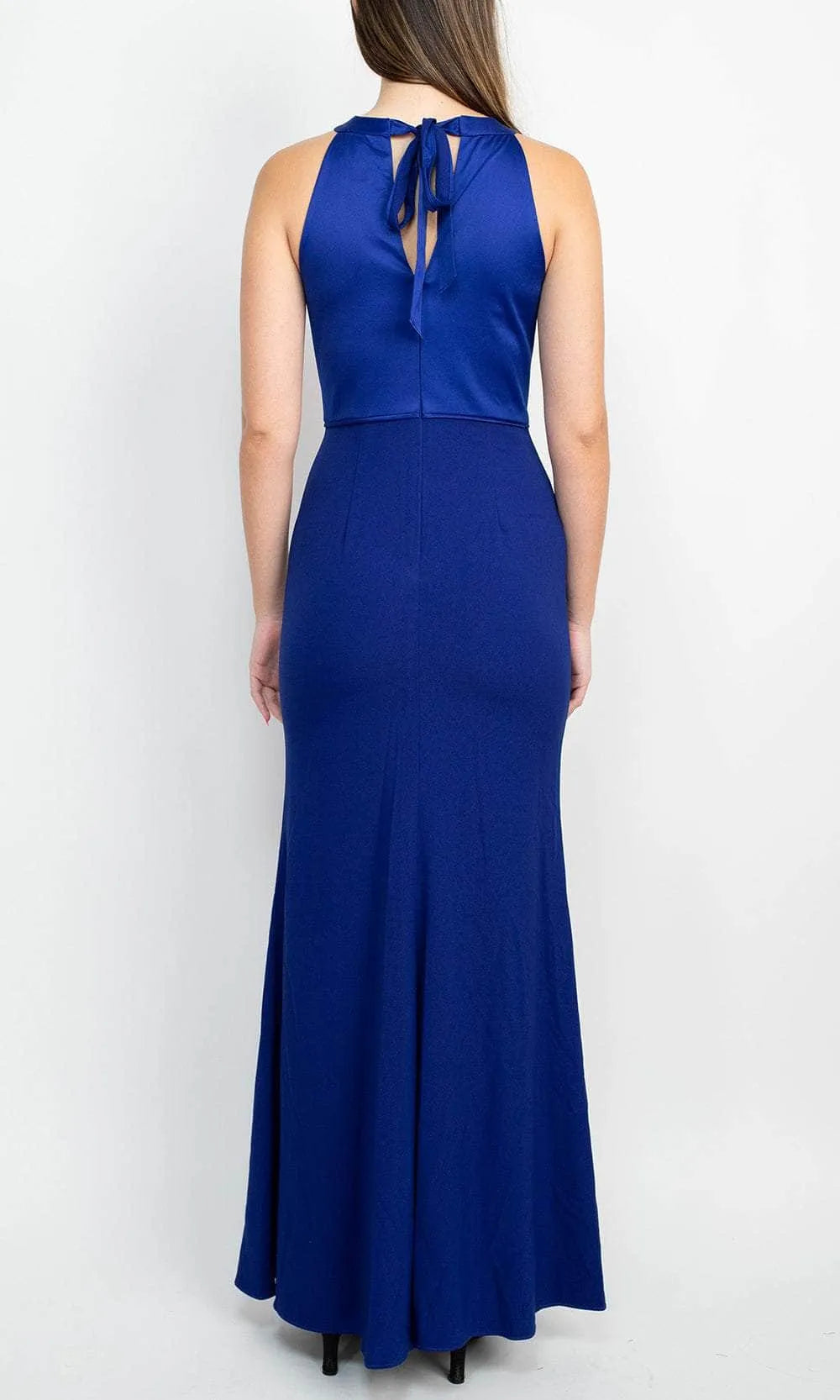 Royal Blue Halter Neck Evening Gown with Pleated Satin Bodice Contrast Textured Skirt and Floor - Length Mermaid Silhouette for Formal Occasions