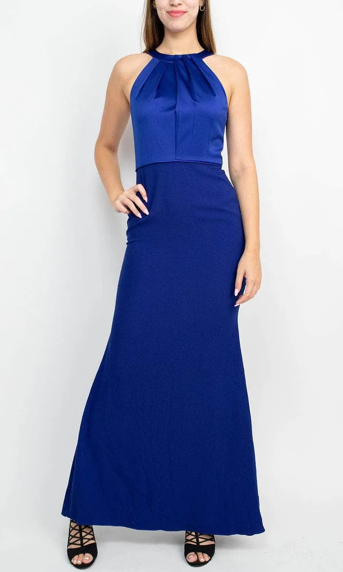 Royal Blue Halter Neck Evening Gown with Pleated Satin Bodice Contrast Textured Skirt and Floor - Length Mermaid Silhouette for Formal Occasions