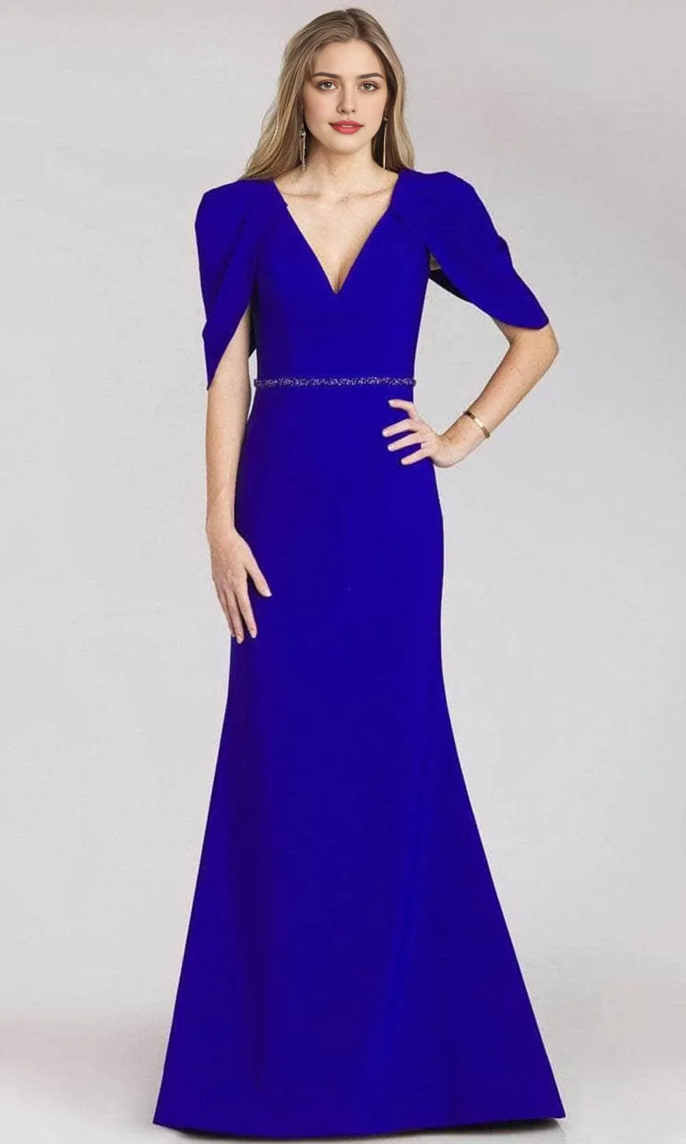 Royal Blue Mermaid Evening Dresses with Cape Style Sleeves Plunging V Neck and Beaded Waist Accent  Perfect for a Stunning Entrance