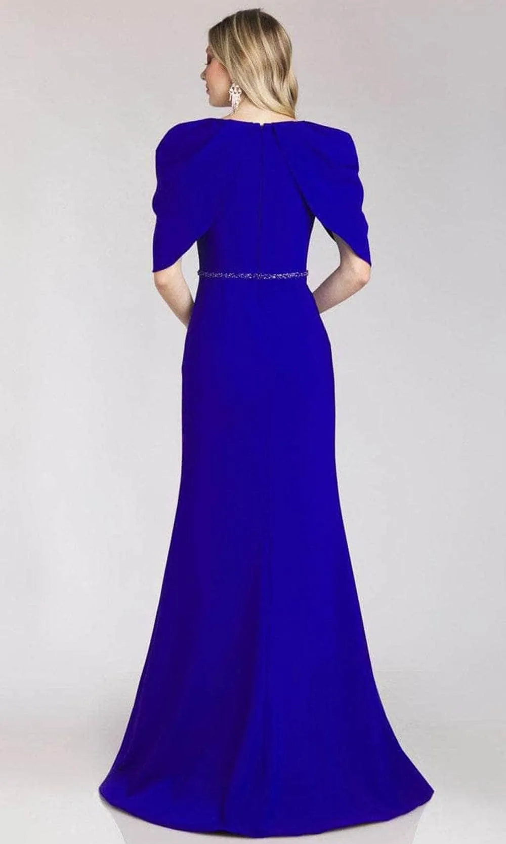 Royal Blue Mermaid Evening Dresses with Cape Style Sleeves Plunging V Neck and Beaded Waist Accent  Perfect for a Stunning Entrance